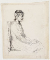 KT 2329
<br/>
Portret van de beeldhouwster Georgine Schwarze zittend, en profiel, ten halve lijve
<br/>
<em>Woutersen van Doesburgh, Elsa Louisa Hannelina (1875-1957)</em>